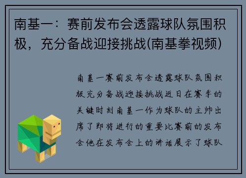 南基一：赛前发布会透露球队氛围积极，充分备战迎接挑战(南基拳视频)