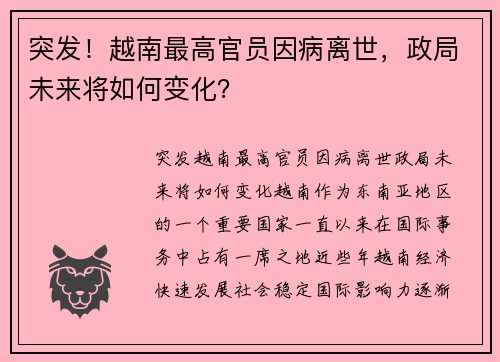 突发!越南最高官员因病离世,政局未来将如何变化?