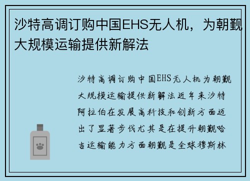 沙特高调订购中国EHS无人机,为朝觐大规模运输提供新解法