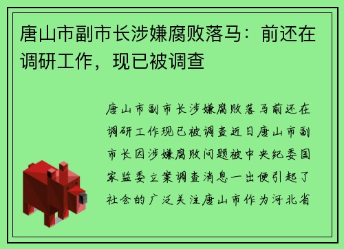唐山市副市长涉嫌腐败落马:前还在调研工作,现已被调查