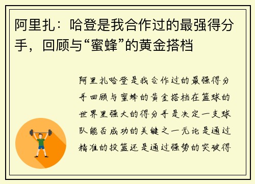 阿里扎：哈登是我合作过的最强得分手，回顾与“蜜蜂”的黄金搭档
