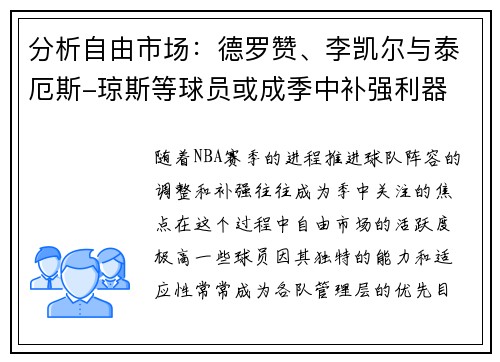 分析自由市场：德罗赞、李凯尔与泰厄斯-琼斯等球员或成季中补强利器