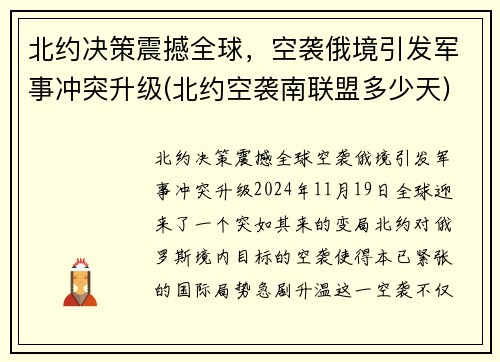 北约决策震撼全球，空袭俄境引发军事冲突升级(北约空袭南联盟多少天)