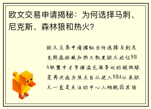 欧文交易申请揭秘：为何选择马刺、尼克斯、森林狼和热火？