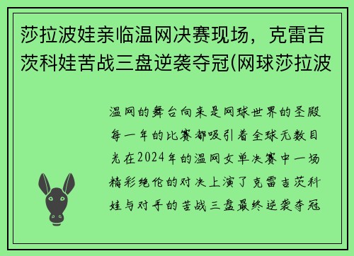 莎拉波娃亲临温网决赛现场，克雷吉茨科娃苦战三盘逆袭夺冠(网球莎拉波娃个人资料)
