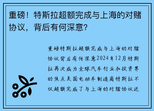 重磅！特斯拉超额完成与上海的对赌协议，背后有何深意？