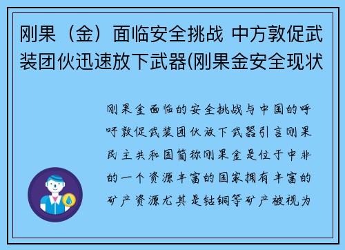 刚果(金)面临安全挑战 中方敦促武装团伙迅速放下武器(刚果金安全现状)